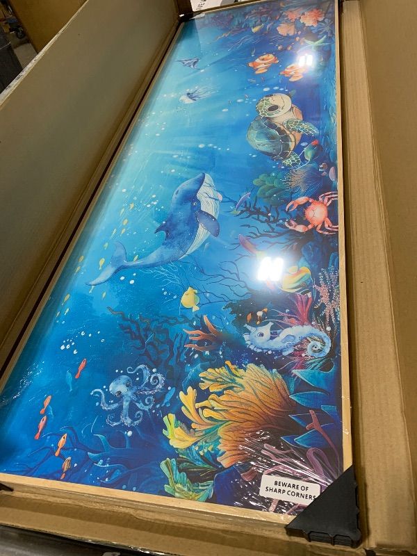 Photo 1 of Large Framed Nursery Canvas Wall Art, Ocean Themed Nautical Prints Coastal Paintings Decor for Walls, Turtle Whale Coral Tropical Fish Pictures for Kids Boys Baby Girls Room Bathroom Wall Decor