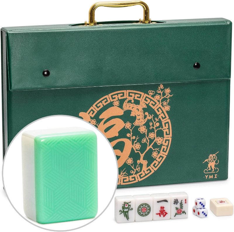 Photo 1 of Yellow Mountain Imports "Emerald Weave Chinese Mahjong Set, with 146 Large 1.6-Inch Tiles, Green Vinyl Case, Wind Indicator and Dice - for Chinese Style Gameplay Only ??????????
