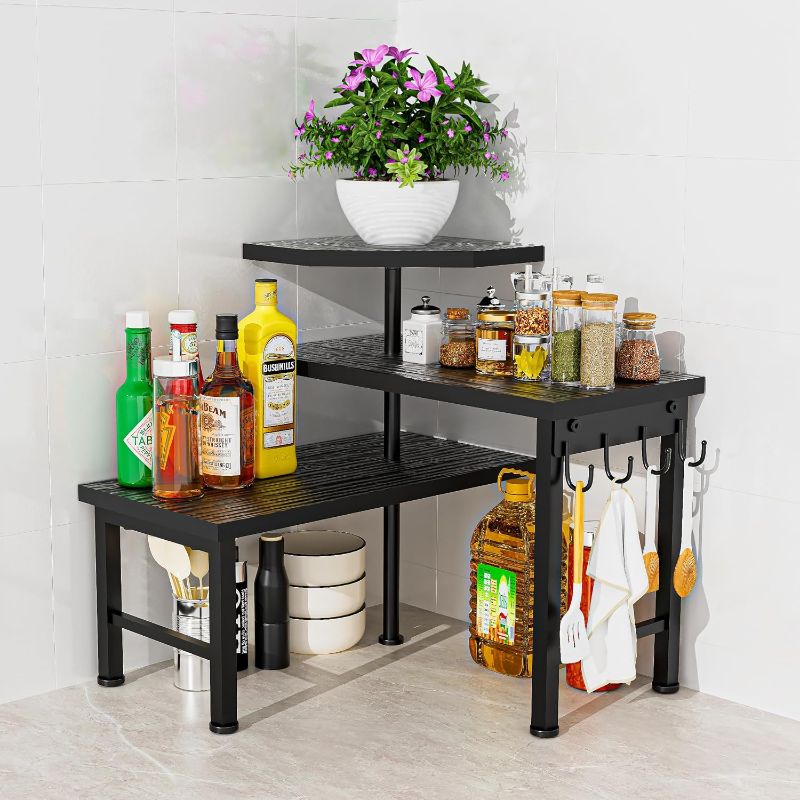 Photo 1 of Bathroom Counter Organizer, 3 Tier Moveable Black Corner Shelf with Hook, Countertop Organizer for Bathroom, Dresser Table, Makeup Vanity Desktop,Desk Shelf (Black)