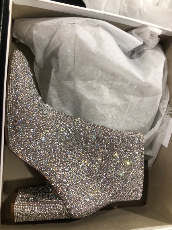 Photo 1 of  Women Pointed Toe Rhinestone Block Medium Heel Ankle Booties 8.5