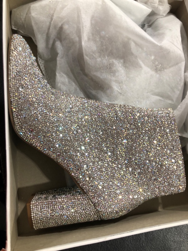 Photo 1 of  Women Pointed Toe Rhinestone Block Medium Heel Ankle Booties 8.5
