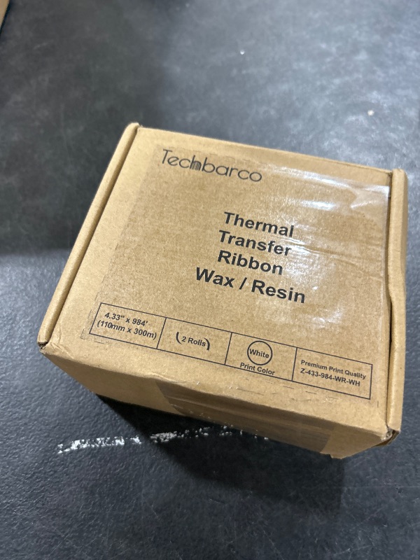 Photo 1 of 2 Rolls 4.33" x 984'(110mm x 300m) White, Wax/Resin Thermal Transfer Ribbon, Core 1", Ink Outside, Barcode Ribbon Compatible with Zebra Printer
