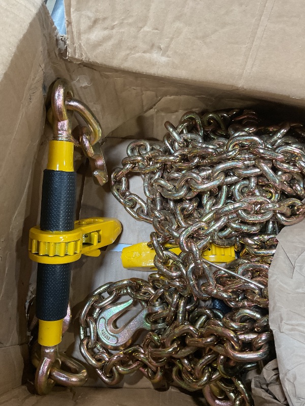 Photo 1 of ** missing one straight bar**VEVOR 3/8"-1/2" Ratchet Chain Binder with Chain, G80 12000 lbs Secure Limit, Heavy Duty Load, Labor-Saving Anti-Skid Handle, Tie Down Hauling Chain Binders for Flatbed Truck Trailer, 2 Set & Yellow