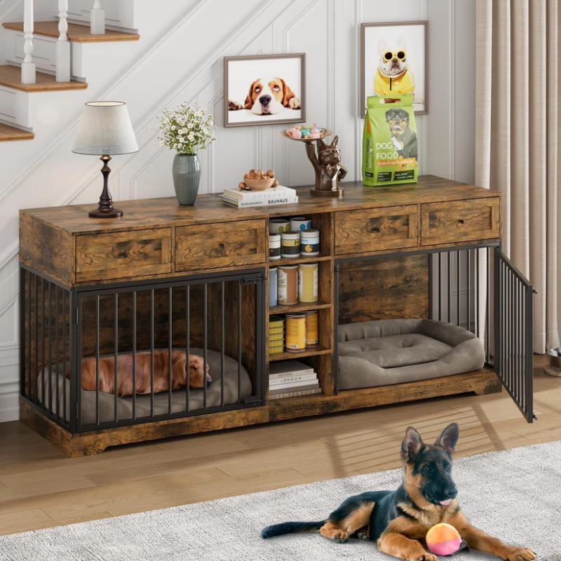 Photo 1 of ***RECOMENDED FOR PARTS ONLY/ DAMAGED WOOD PIECES*** Garvee 82" Large Dog Crate for 2 Dogs, Dog Kennel Indoor with 4 Drawers and Shelves, Heavy Duty Double Dog Crate Furniture TV Stand, Wooden Dog Cage for Medium Large Dogs, Brown