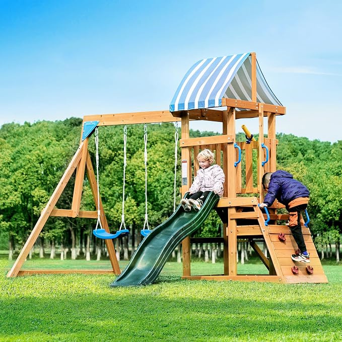 Photo 1 of ** two boxes. Scrape damage** ROBUD Swing Sets for Backyard, Wooden Swing Set | All-in-One Kids Outdoor Play Equipment with Two Swings, Slide, Rock Climbing Wall, Blackboard, Telescope, Fort