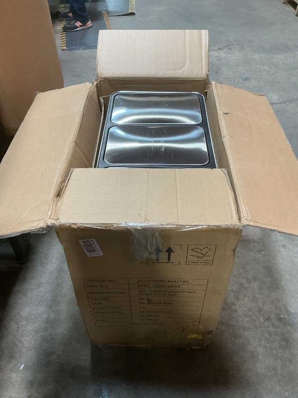 Photo 1 of **HAS DAMAGES/ BENT SPOTS / FOOT PEDALS DAMAGED*** Takywep 3 x 5.3 Gallon Kitchen Trash Can, 3 Compartment Garbage Can, Stainless Steel Rubbish Bin with Soft-Close Lid and Removable Inner Wastebasket for Kitchen, Home Office