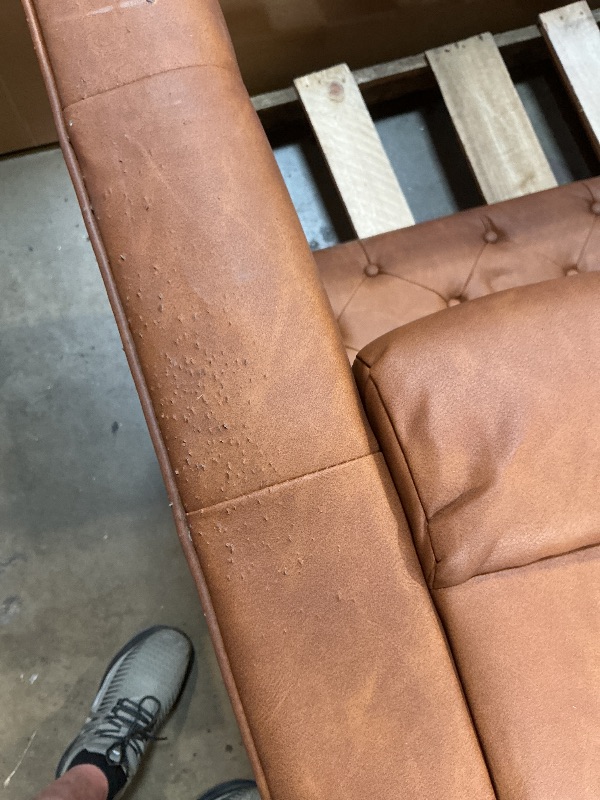 Photo 1 of **CAT CLAW/SCRATCH MARKS AND TEARS**GarveeLife 81" Mid Century Modern Leather Sofa, 3 Seater Chesterfield Couch with Button Tufted Back & Deep Seat, Living Room Sofa for Apartment or Office, Orange