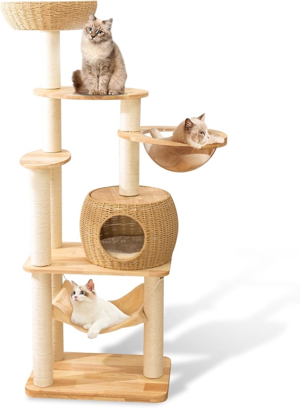 Photo 1 of
Click to see full view
3+
5 VIDEOS
59-Inch Modern Cat Tree Tower for Large Indoor Cats, Handwoven Basket Condo | Stable multi-level structure, reinforced base, 8 cm sisal posts, clear space capsule, hammock, washable cooling & p