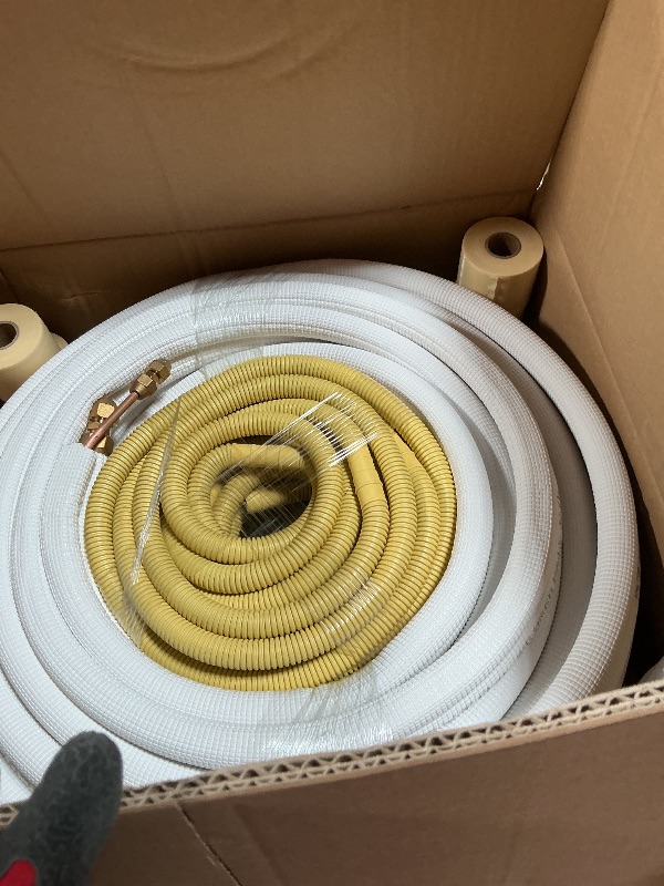 Photo 1 of 50ft Length Mini Split Line Set 1/4" 3/8" OD Copper Pipes Tubing and 3/8 White PE Thickened Insulated with Flared Nuts for Mini Split Air Conditioner HVAC or Heat Pump for 9000BTU (1/4+3/8 with wires)