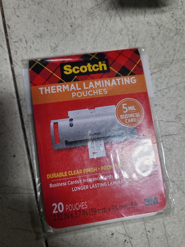 Photo 1 of Scotch Business Card Size Thermal Laminating Pouches, 5 mil, 3 3/4 x 2 3/8, 20/Pack