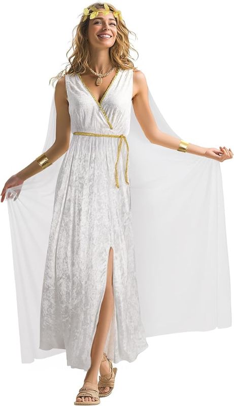 Photo 1 of **ACCESSORIES NOT INCLUDED, JUST THE DRESS**
MCJC Ancient Greek Goddess Costume, White Velvet Maxi Dress with Gold Accents, Roman Toga Style Halloween Cosplay Gown Size: medium 