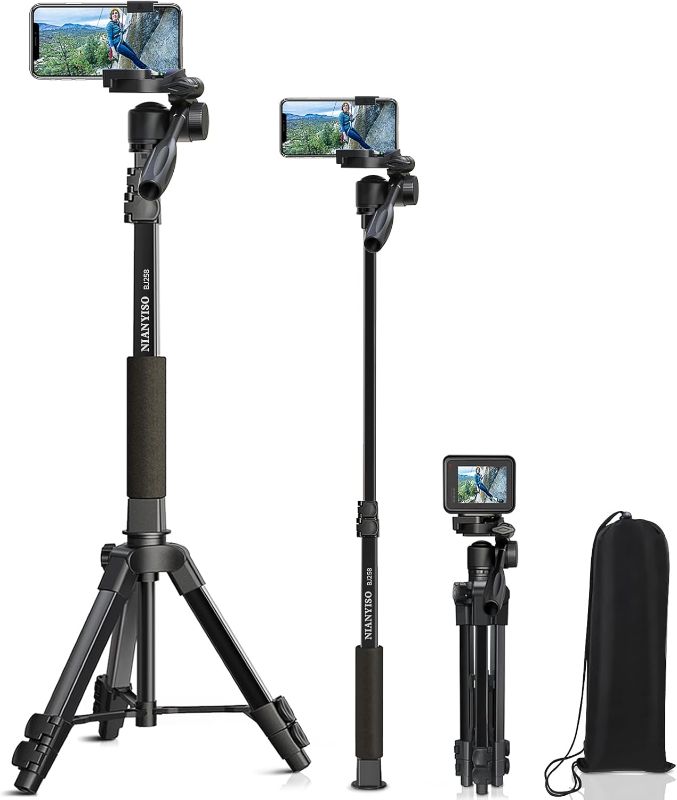 Photo 1 of 61" Camera Tripod Stand with 3-Way Rotating Head, Lightweight Aluminum Travel Tripod for DSLR Camera Smartphone, Compact Phone Mount for Vlogging TikTok Live Streaming 