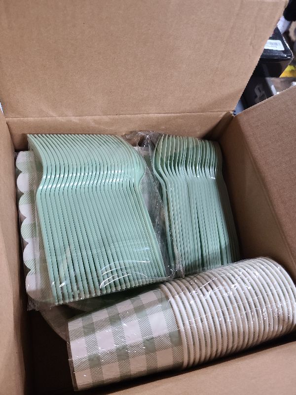 Photo 1 of 168Pcs Gingham Party Supplies for 24 Guests Thick Paper Plates and Napkins Knives Spoons Forks Cups Disposable Party Set Cutlery for Dinner Baby Shower Wedding Favor(Sage Green)