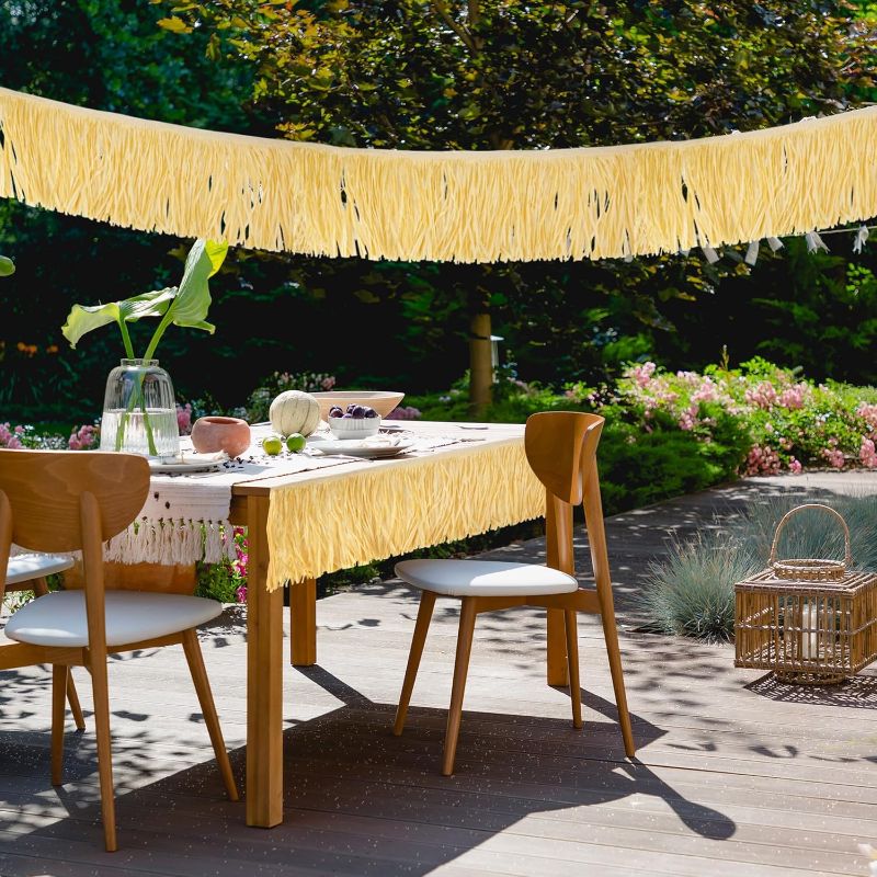 Photo 1 of Aodaer Paper Luau Grass Table Skirt with Hibiscus Flowers 9 Feet x 30 Inch Raffia Style Hawaiian Table Skirt Rectangle Tropical Luau Party Decorations for Summer Beach Party, Straw