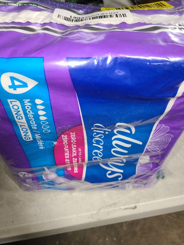 Photo 1 of Always Discreet Adult Incontinence Pads for Women, Moderate Absorbency, Long Length, Postpartum Pads, Up to 100% Bladder Leak Protection, 54 Count (Packaging May Vary)