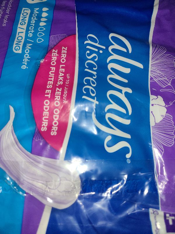 Photo 1 of Always Discreet Adult Incontinence Pads for Women, Moderate Absorbency, Long Length, Postpartum Pads, Up to 100% Bladder Leak Protection, 54 Count (Packaging May Vary)