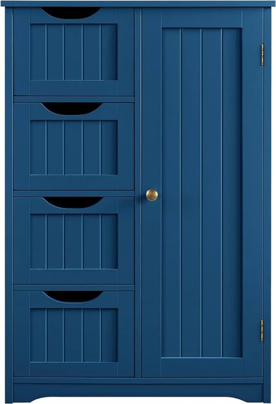 Photo 1 of  Yaheetech Wooden Bathroom Floor Cabinet, Side Storage Organizer Cabinet with 4 Drawers and 1 Cupboard, Freestanding Entryway Storage Unit Console Table, Bathroom Furniture Home Decor, Navy Blue 