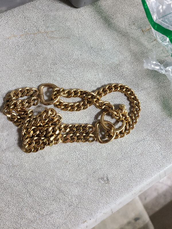 Photo 1 of Gold Dog Chain Collar Stainless Steel 18K Gold Dog Collar Adjustable Walking, Metal Cuban Link Dog Collar Chew Proof Double Row Chain Dog Collar for Large Small Medium Dogs (S 12" -16", 18K Gold)