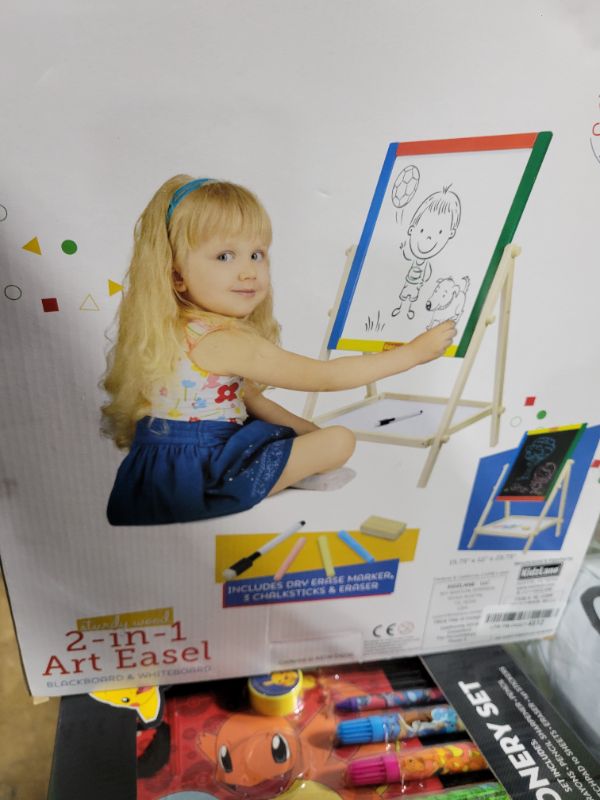 Photo 1 of Kidzlane Art Easel for Kids 2-4 - Wooden Toddler Easel - Double Sided Standing Chalkboard/Dry Erase Board for Kids - Toddler Drawing Board with Accessories - 25.75 Inches Blackboard and Whiteboard