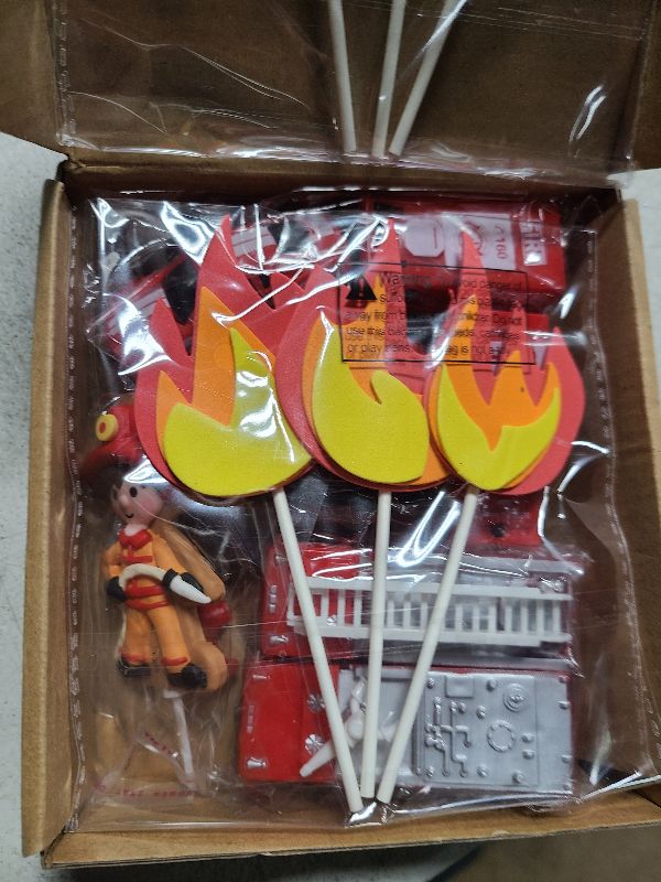 Photo 1 of 15 Pieces Fire Truck Cake Topper Fireman Cupcake Firetruck Birthday Decorations for Fireman Fire Trucks Birthday Party Cake Decoration Supplies