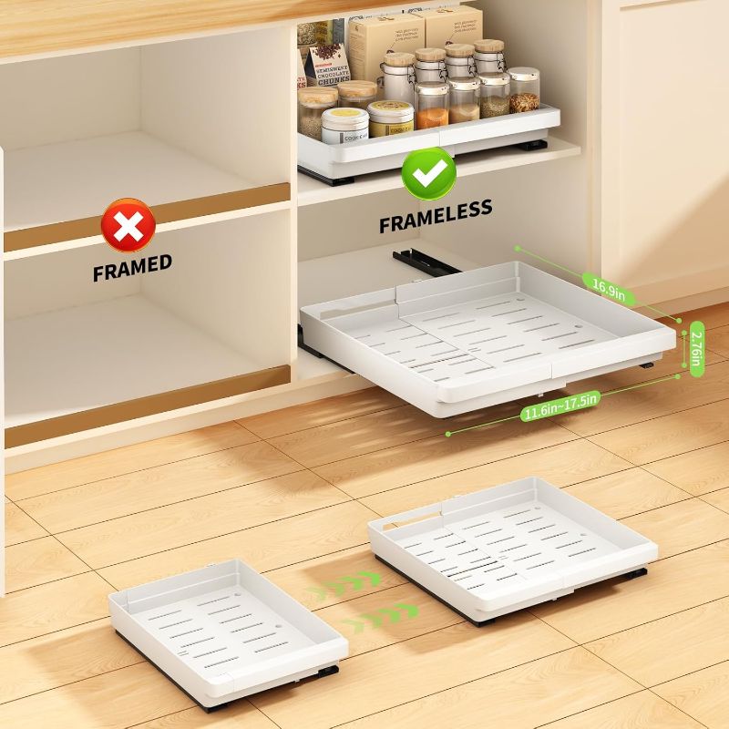 Photo 1 of 2 Pack Pull Out Cabinet Organizers Expandable, Slide Out Drawers for Kitchen, Bathroom, Pantry, Under Sink Storage, Pull Out Drawers Fixed with Adhesive Nano Film (White, 11.6''-17.5'') 