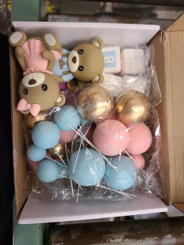 Photo 1 of 34 PCS Gender Reveal Cake Topper - Bear Balls Cake Decorations with He or She Cake Topper for Boys and Girls Gender Reveal Baby Shower Birthday Party Supplies