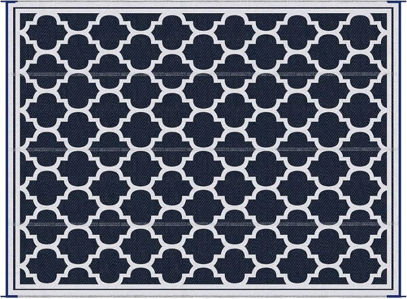 Photo 1 of  Outsunny Reversible Outdoor Rug, 9' x 12' Waterproof Plastic Straw Floor Mat, Portable RV Camping Carpet, Large Floor Mat for Backyard, Deck, Picnic, Beach, Blue & White
