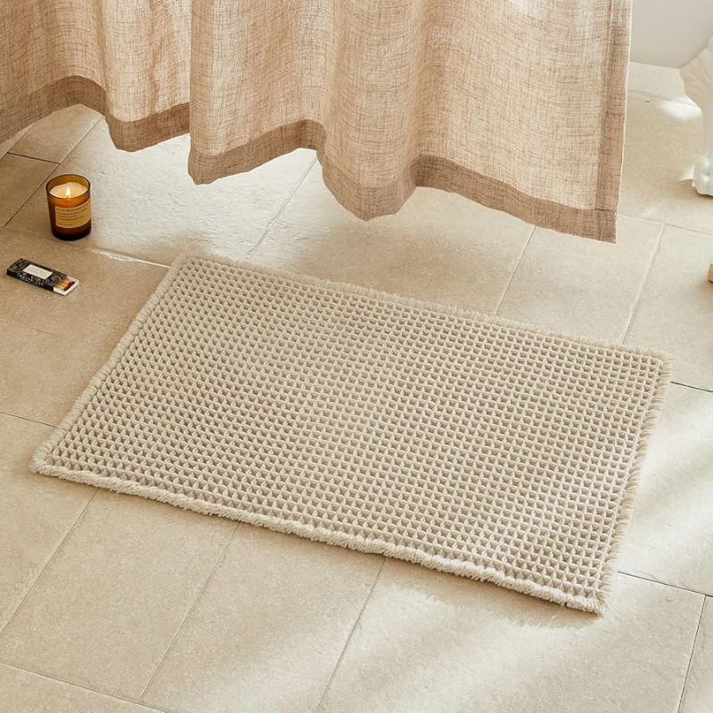Photo 1 of  Beige Bathroom Rug, Waffle Bath Mat Non Slip Washable Super Absorbent Quick Dry Boho Farmhouse Bathroom Decor, 30"x20" Beige