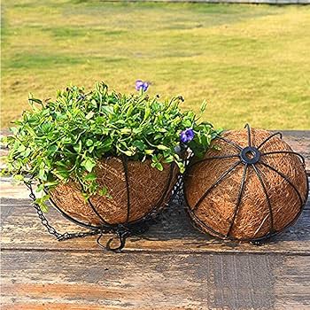 Photo 1 of  Wankd Wrought Iron Hanging Basket, 2 Pieces Flower Growers Hanging Basket, Planter, Flower Basket, Coconut Bowl, Flower Pot, Decorative Iron Basket, Indoor Outdoor Flower Pot, Flower Holder, 12 Inch
