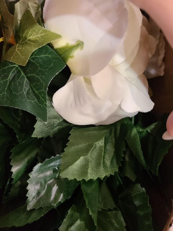 Photo 1 of 18.9inch 2 Bundles Artificial White Roses Flower Bouquet, Fake Yellow and Pink Dasiy Wildflowers, Silk Spring Grave Flowers Bouquet for Home Table Wedding Cemetery Party Decor