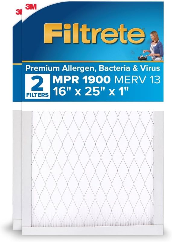 Photo 1 of  Filtrete 16x25x1 AC Furnace Air Filter, MERV 13, MPR 1900, Premium Allergen, Bacteria&Virus Filter, 3-Month Pleated 1-Inch Electrostatic Air Cleaning Filter, 2-Pack (Actual Size 15.719x24.72x0.78 in) 