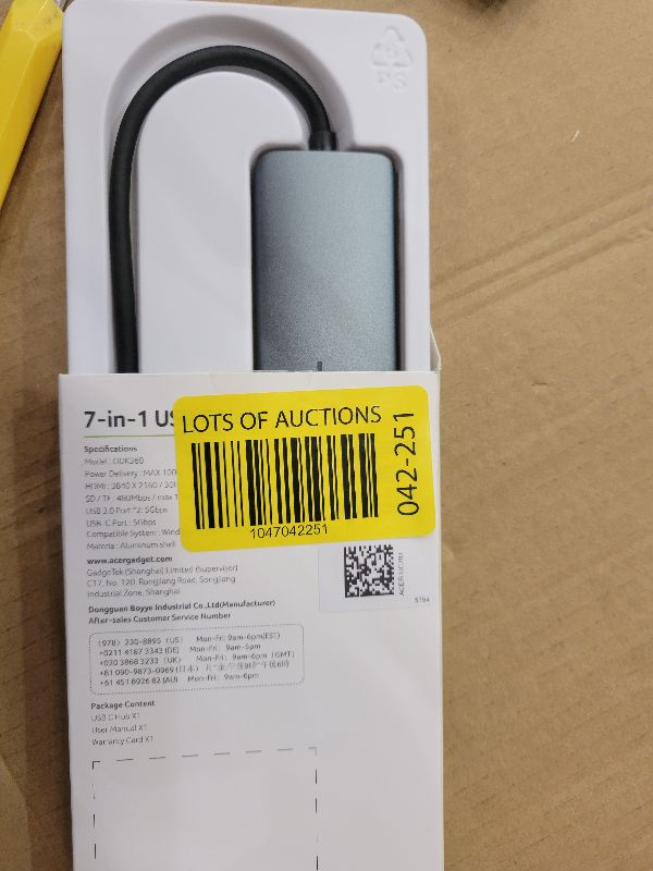 Photo 1 of Acer USB C Hub, 7 in 1 USB C to HDMI Splitter, 2 USBA 3.1 GEN1 and 5Gbps Type-C Data Port, Type C Adapter with 4K HDMI Port, PD 100W Charging, SD Card Reader, for Laptop, PC, Desktop and More