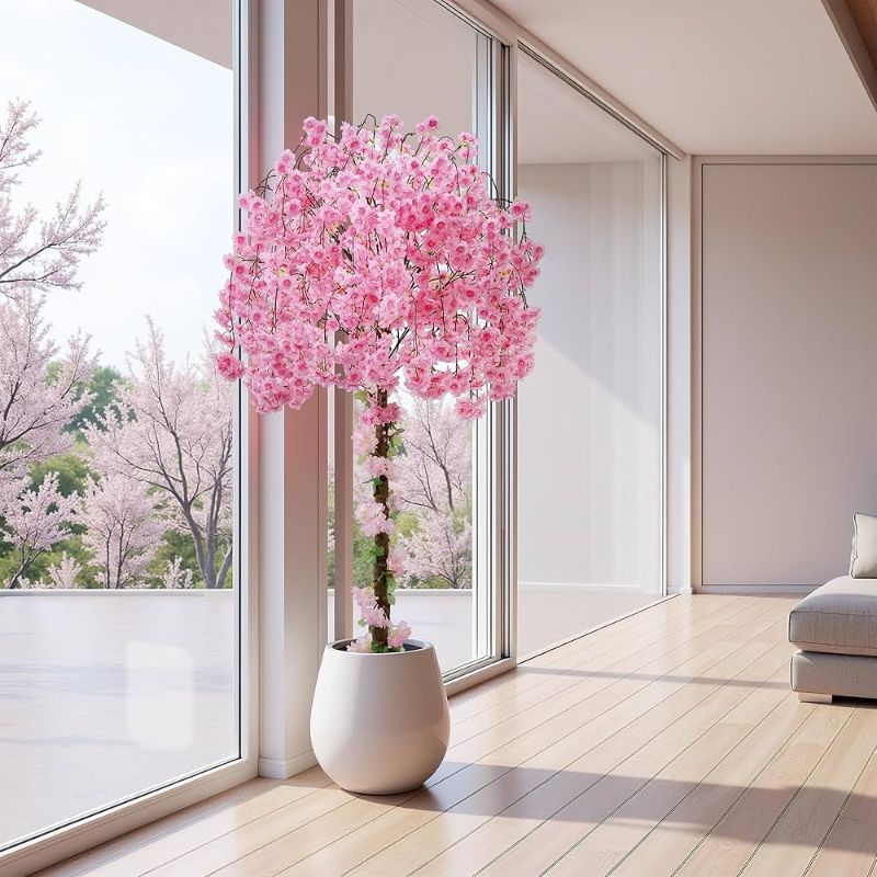 Photo 1 of  Artificial Cherry Blossom Tree, 6FT Height with 100 LED Lights, Faux Silk Plant in Pot for Home, Office, Wedding, Garden, Party, and Hotel Decorations (6FT Pink)

