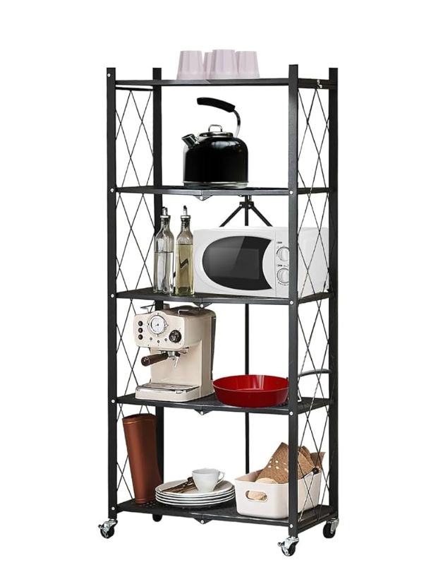 Photo 1 of  5-Tier Storage Shelves on Wheels, 59" x 25.6" x 13.4" Home Office Bookshelf, Metal Shelf, Foldable Shelving Units, Storage Rack, Rolling Shelf No Assembly for Living Room Home Office
