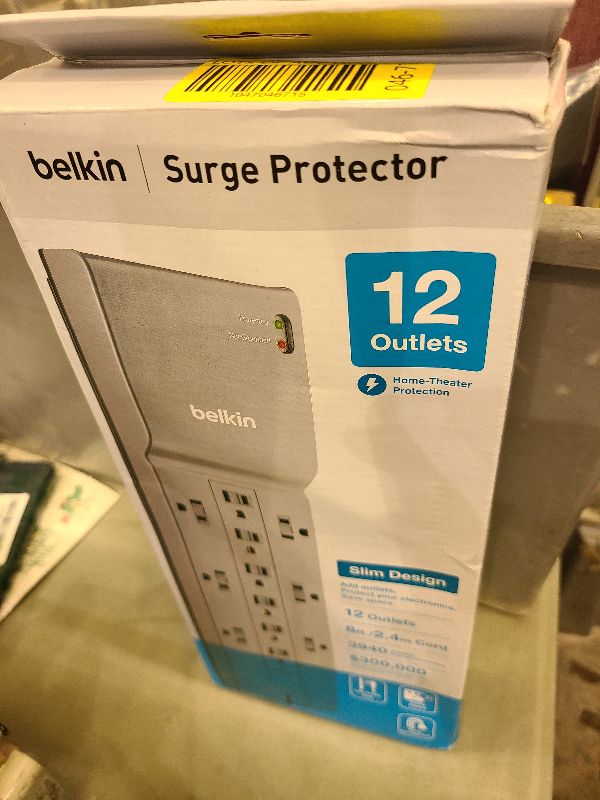 Photo 1 of Belkin 12-Outlet Surge Protector Power Strip w/ 12 AC Outlets & 8ft Flat Plug, UL-listed Heavy-Duty Extension Cord for Home, Office, Travel, Computer, Laptop, Charger - 3,940 Joules of Protection