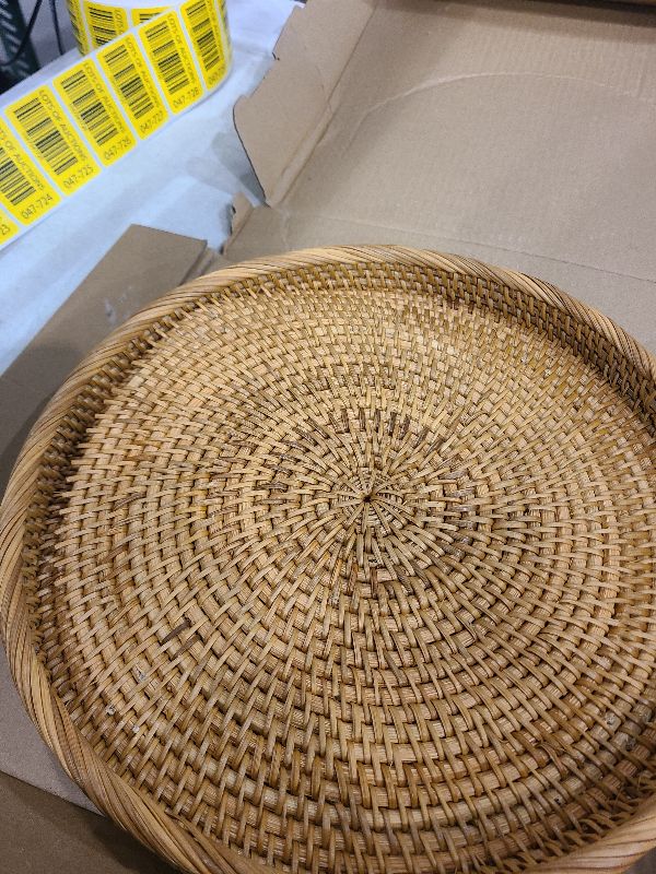 Photo 1 of i-lan 12.5 Inch Round Rattan Serving Basket-Round Woven Bread, Fruit, Keys Bowl Pedestal Stand with 1”Side, Flat Wicker Decorative Snack Basket Trays for Candy Dish, Rustic Platter, Display Riser