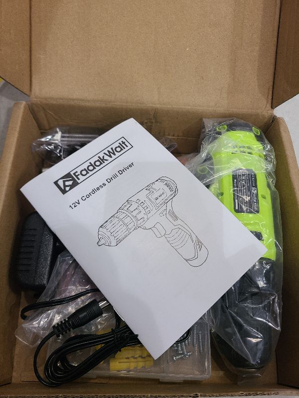 Photo 1 of FADAKWALT Cordless Drill Set,12V Power Drill Set with Battery and Charger, Electric Driver/Drill Bits, 3/8'' Keyless Chuck,21+1 Torque Setting, 180 inch-lbs, with LED Electric Drill Set (Green)