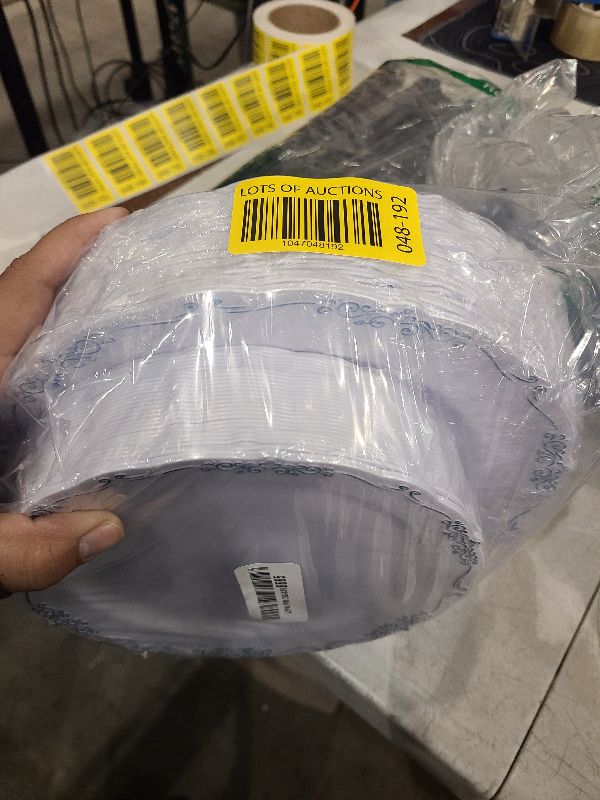 Photo 1 of DaYammi 60PCS Blue and White Plastic Plates Blue Rim White Disposable Plates Blue White Party plates Include:30 Plastic Dinner Plates 30 Dessert plates and Wedding & Party Dining