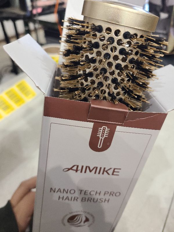 Photo 1 of AIMIKE Round Hair Brush, Nano Thermal Ceramic & Ionic Tech, 2.1 Inch Barrel with Boar Bristles for Enhanced Texture, Golden, Hair Drying, Styling, Curling and Shine + 4 Free Clips