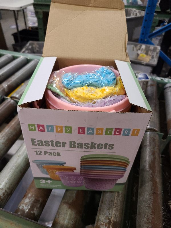 Photo 1 of 12 Pack Easter Baskets for Kids, 8.6" Plastic Easter Bags with Handles, Easter Bucket Bags Filled with Grass for Easter Egg Hunt, Perfect Theme Party Favors