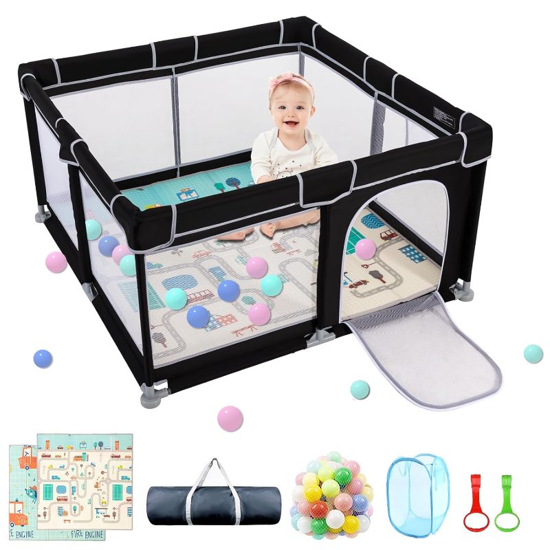 Photo 1 of 71"x59" Large Playpen with Mat, Playpen for Babies and Toddlers, Baby Playards with Zipper Gate, Safe and Non-Slip Baby Fence, Full Mesh Design, Indoor & Outdoor Kids Activity Center - Black 