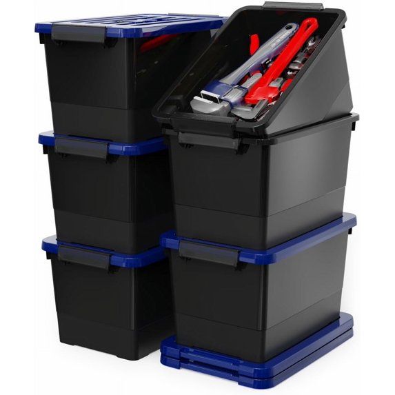 Photo 1 of 17 Quart Stackable Plastic Storage Bins with Blue Lids, 6 Pack Black Containers with Latching Buckles and Handle, Durable Nestable Boxes Organizing for Closet, Garage, Tool Room