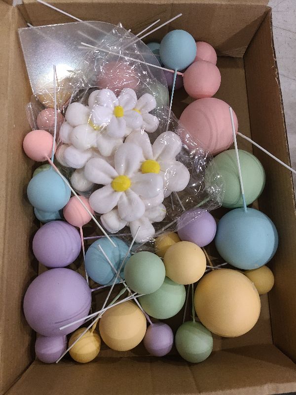 Photo 1 of 46 PCS Boho Cake Topper Groovy Cake Topper Mini Balls Acrylic Cake Topper Retro Hippie Daisy Flower Cake Topper for Cake Decorating Boho Groovy Wedding Party Supplies (White)