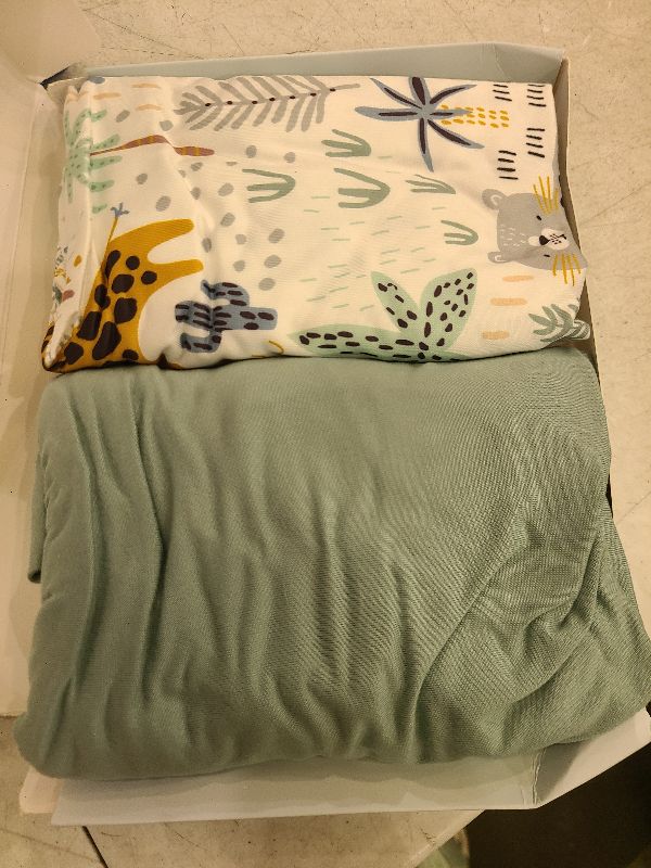 Photo 1 of Yoofoss Pack and Play Sheets Fitted, Mini Crib Sheets 2-Pack for Pack N Play Mattress, Stretchy Playard Sheet, Soft and Breathable Green+Giraff