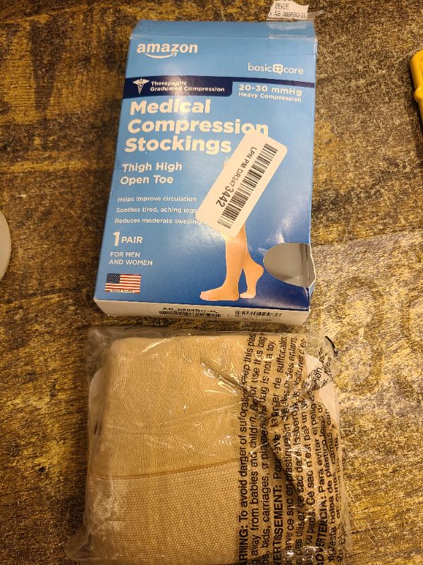 Photo 1 of Amazon Basic Care Medical Compression Stockings, 20-30 mmHg Support, Women & Men Thigh Length Hose, Open Toe, Beige, 2X-Large (Previously NuVein)