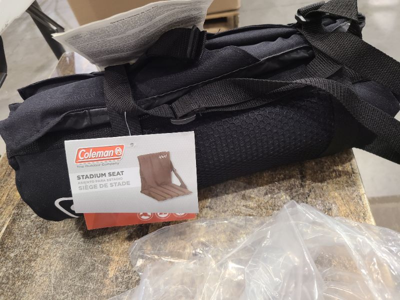 Photo 1 of Coleman Portable Stadium Seat Cushion, Lightweight Padded Seat for Sporting Events/Concerts/Outdoor Activities, Bleacher Cushion with Backrest-- RIGHT SIDE BUCKLE IS BROKEN--STILL FUNCTIONS
