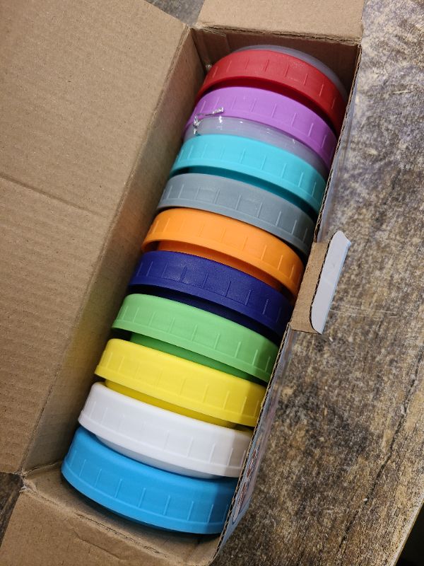 Photo 1 of AOZITA 10 REGULAR Mouth Mason Jar Lids - Food Grade Plastic Mason Jar Caps for Ball, Kerr and More Canning Jars - Leakproof & Dishwasher Safe - Multicolor