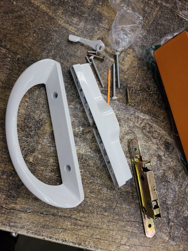 Photo 1 of Patio Sliding Door Handle Set with Mortise Lock and Key Cylinder, Full Replacement Sliding Door Handle Lock Set Fits Door Thickness from 1-1/2" to 1-3/4", 3-15/16" Screw Hole Spacing, Keyed, White
