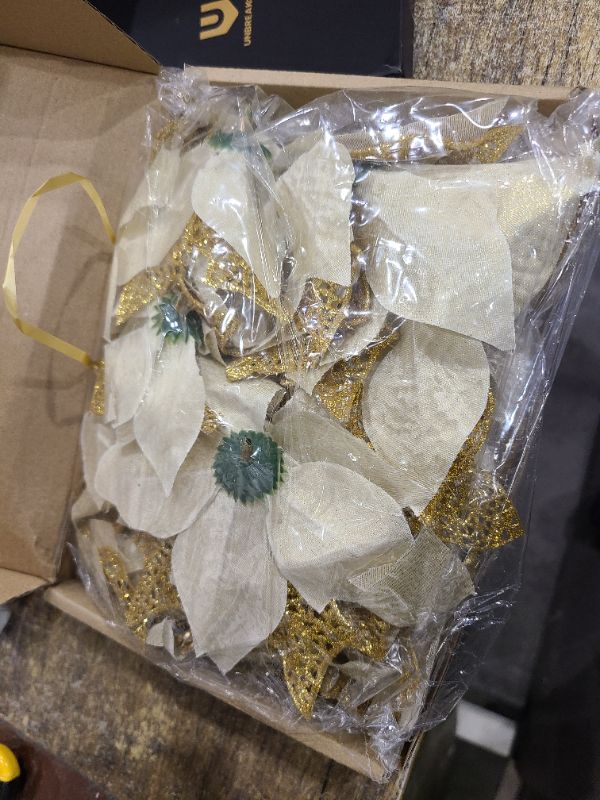 Photo 1 of 36 Pieces Christmas Glitter Poinsettia Faux Flowers Christmas Flowers Decorations Wedding Xmas Tree New Year Ornaments(Gold)