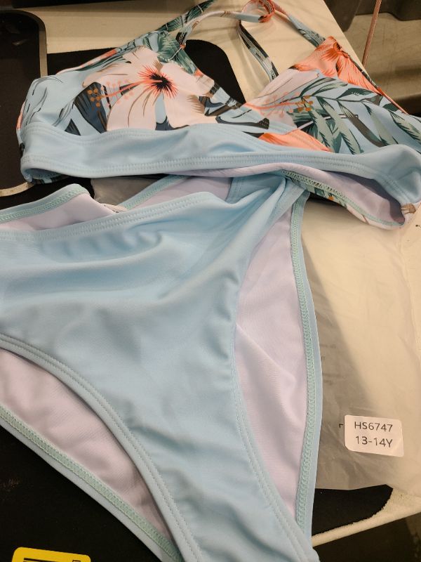Photo 1 of ADIFUN Girls Swimsuit Size 13 Size 14 V Neck Adjustable Straps Light Cyan Flower Bikini Set with Cover Up Bathing Suits for Teen Girls Size 13-14 yr old